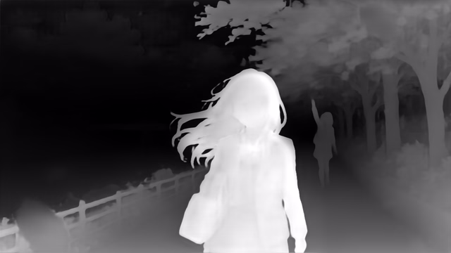 Depth Anything V1 ZoeDepth KITTI depth map of Anime, cherry blossoms