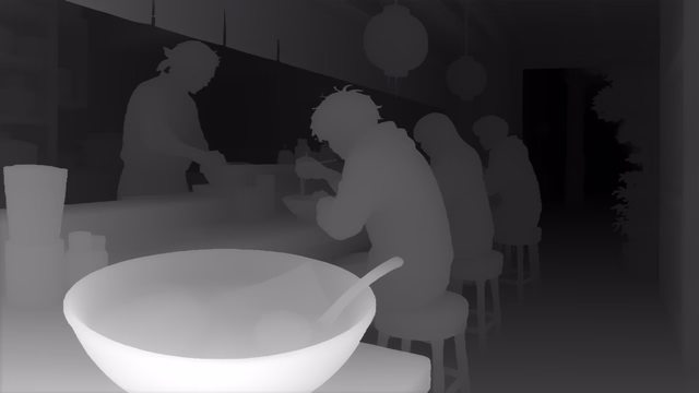 Depth Anything V3 Mono Large depth map of Anime, ramen bar