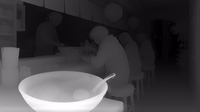 Depth Anything V2 Metric Indoor Large depth map of Anime, ramen bar