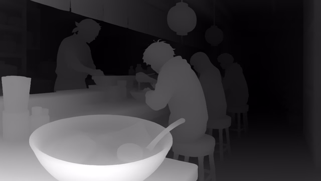 Depth Anything 3 Metric Large depth map of Anime, ramen bar