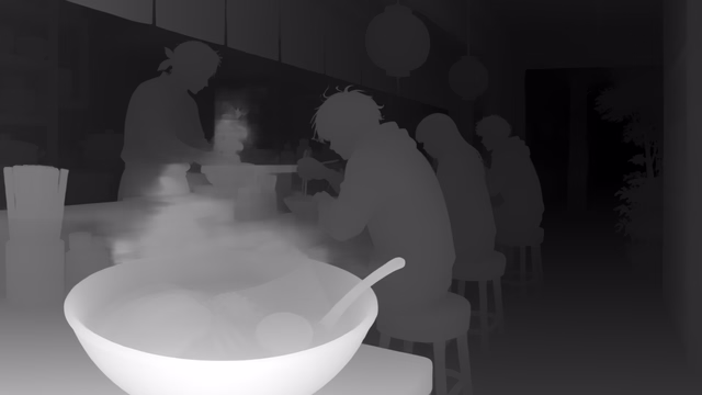 Depth Pro depth map of Anime, ramen bar