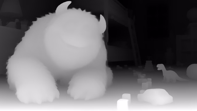 Depth Anything V1 Large depth map of CG animation, bedroom