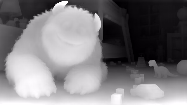 Depth Anything V1 ZoeDepth KITTI depth map of CG animation, bedroom