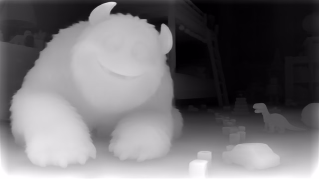 Depth Anything V1 ZoeDepth NYU depth map of CG animation, bedroom