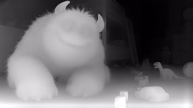 Depth Anything V2 Metric Indoor Base depth map of CG animation, bedroom