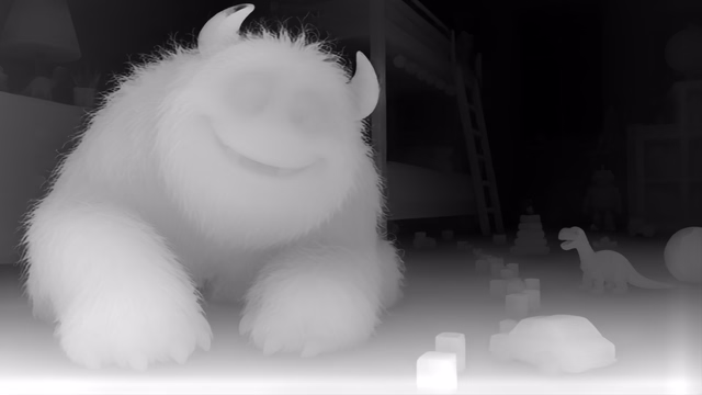 Depth Anything V2 Metric Indoor Large depth map of CG animation, bedroom