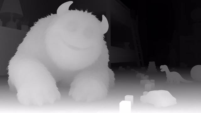 Depth Anything 3 Giant 1.1 depth map of CG animation, bedroom