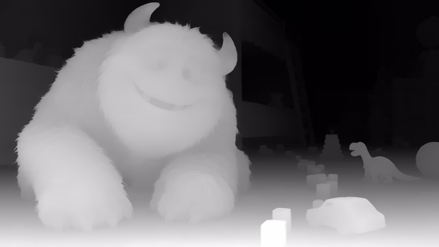 Depth Anything 3 Large 1.1 depth map of CG animation, bedroom