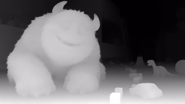Depth Anything 3 Large depth map of CG animation, bedroom