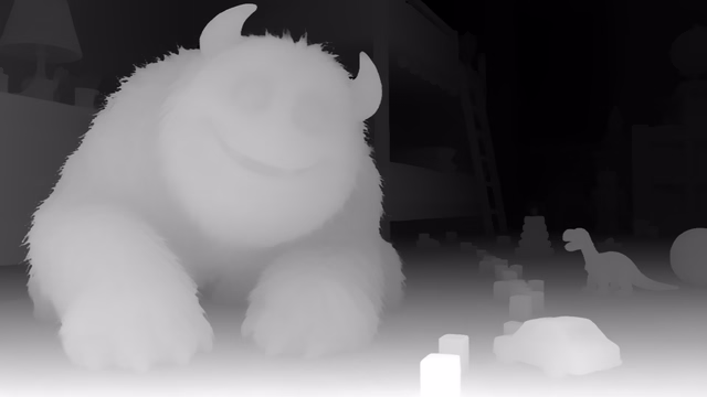 Depth Anything 3 Nested Giant-Large 1.1 depth map of CG animation, bedroom