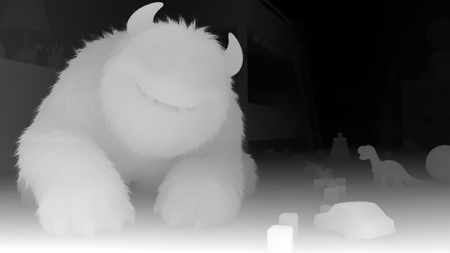 Depth Pro depth map of CG animation, bedroom