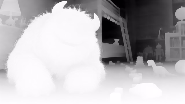 Marigold Depth LCM v1.0 depth map of CG animation, bedroom