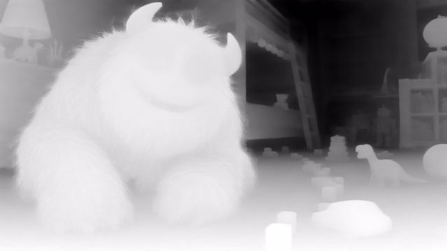 Marigold Depth v1.0 depth map of CG animation, bedroom