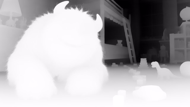 Marigold Depth v1.1 depth map of CG animation, bedroom