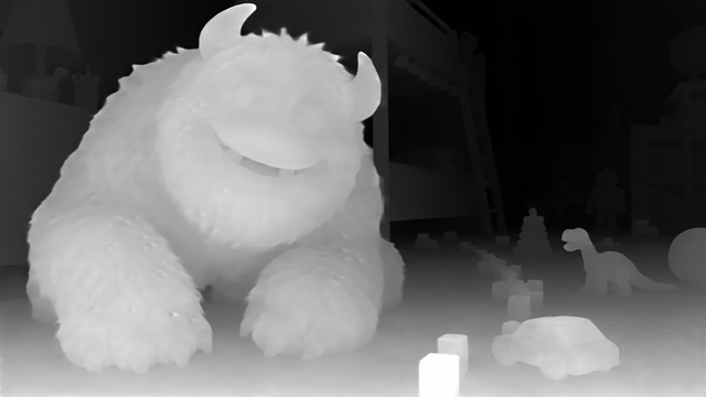 Metric3D v2 ViT-giant2 depth map of CG animation, bedroom