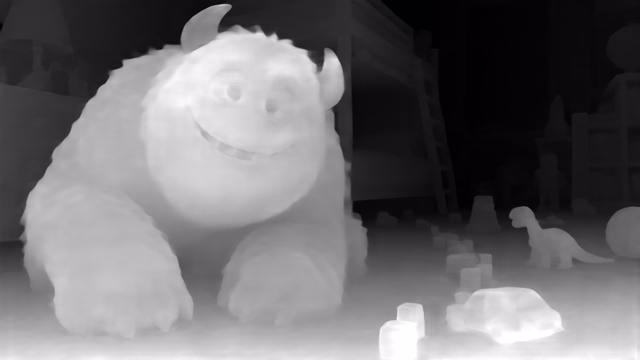 Metric3D v2 ViT-Small depth map of CG animation, bedroom