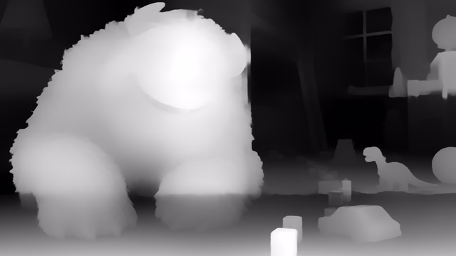 MiDaS 3.1 DPT Swin2-Base 384 depth map of CG animation, bedroom