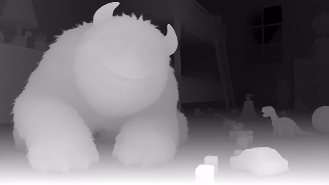 UniDepth v2 ViT-L depth map of CG animation, bedroom