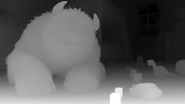 UniDepth v2 ViT-S depth map of CG animation, bedroom
