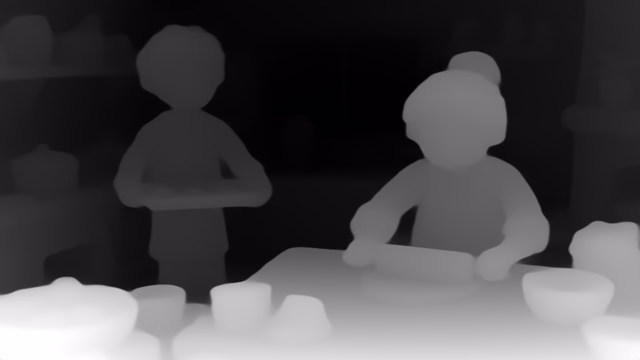 Depth Anything V1 Base depth map of Claymation kitchen