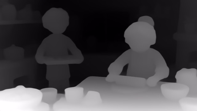Depth Anything V1 Base depth map of Claymation kitchen