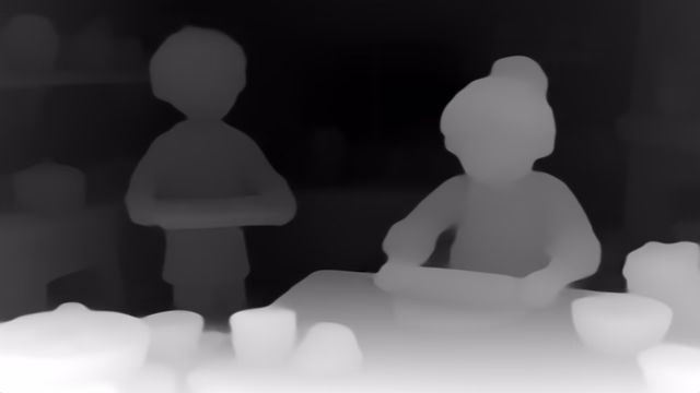 Depth Anything V1 Small depth map of Claymation kitchen