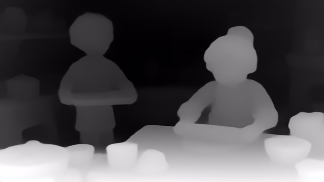 Depth Anything V1 Small depth map of Claymation kitchen
