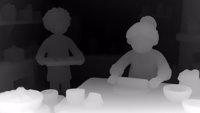 Depth Anything V2 Base depth map of Claymation kitchen