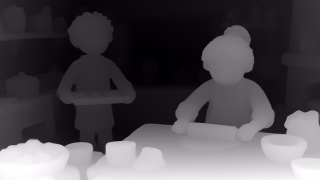 Depth Anything V2 Base depth map of Claymation kitchen