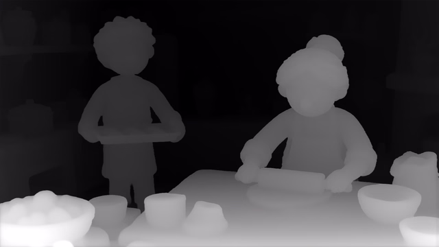Depth Anything V3 Mono Large depth map of Claymation kitchen