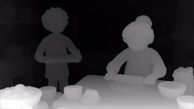 Depth Anything V3 Mono Large depth map of Claymation kitchen