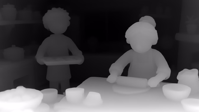Depth Anything V1 Large depth map of Claymation kitchen