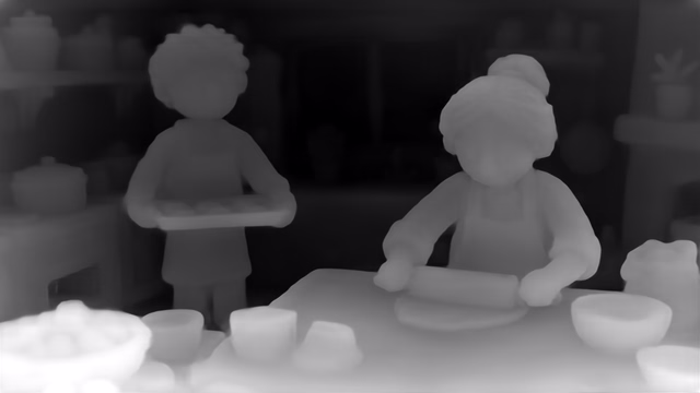 Depth Anything V1 ZoeDepth KITTI depth map of Claymation kitchen