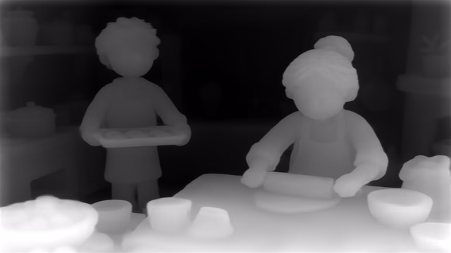 Depth Anything V1 ZoeDepth NYU depth map of Claymation kitchen