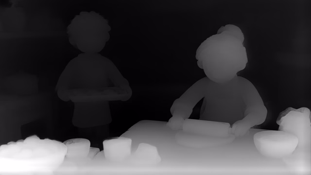 Depth Anything V2 Metric Indoor Base depth map of Claymation kitchen
