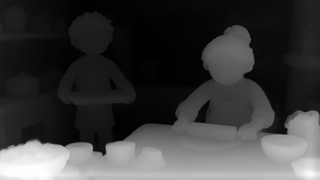Depth Anything V2 Metric Indoor Large depth map of Claymation kitchen