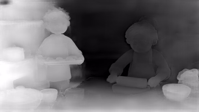 Depth Anything V2 Metric Outdoor Base depth map of Claymation kitchen