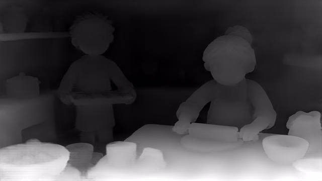 Depth Anything V2 Metric Outdoor Large depth map of Claymation kitchen
