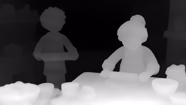 Depth Anything 3 Large 1.1 depth map of Claymation kitchen