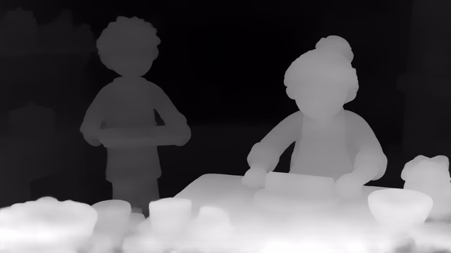Depth Anything 3 Large depth map of Claymation kitchen