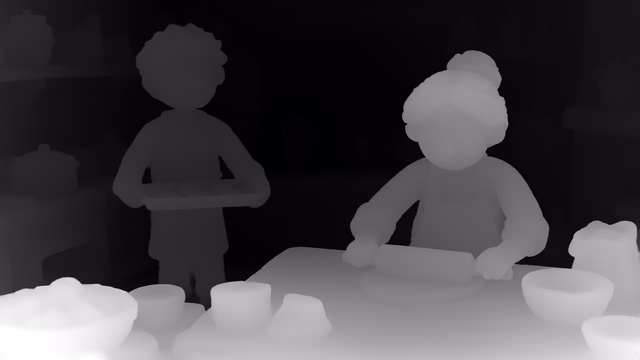 Depth Anything 3 Metric Large depth map of Claymation kitchen