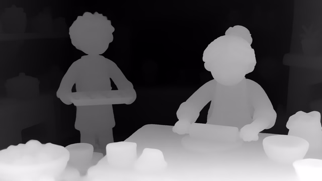 Depth Anything 3 Nested Giant-Large 1.1 depth map of Claymation kitchen