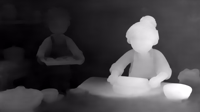 Depth Anything 3 Small depth map of Claymation kitchen