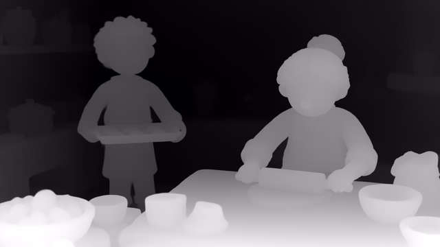 Depth Pro depth map of Claymation kitchen