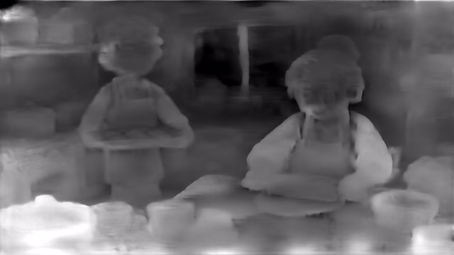 DPT DINOv2-Base KITTI depth map of Claymation kitchen