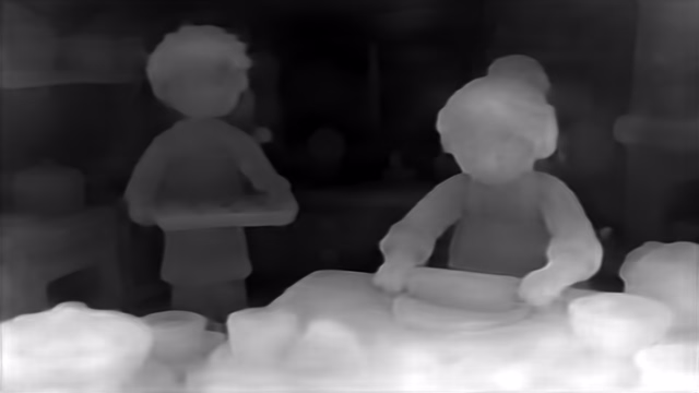 DPT DINOv2-Base NYU depth map of Claymation kitchen