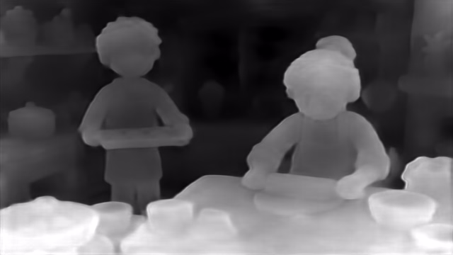 DPT DINOv2-Giant NYU depth map of Claymation kitchen