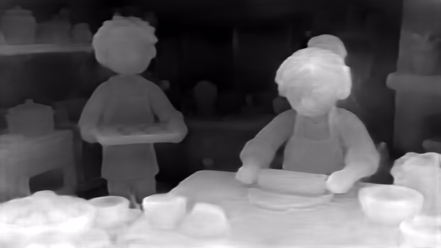 DPT DINOv2-Large NYU depth map of Claymation kitchen