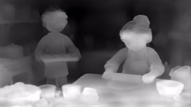 DPT DINOv2-Small NYU depth map of Claymation kitchen