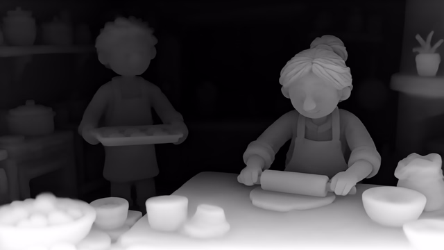 Iris depth map of Claymation kitchen